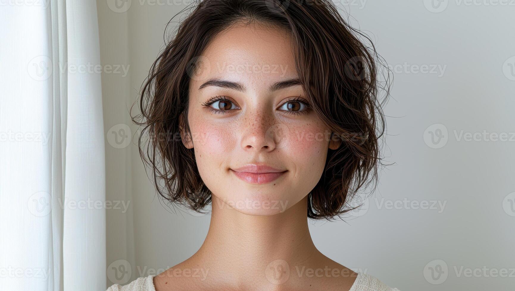 Portrait of a young woman with freckles and short brown hair photo