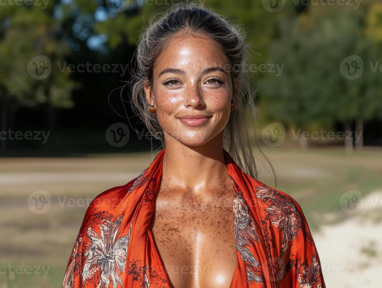 Freckled woman smiling in a red floral kimono in a park photo