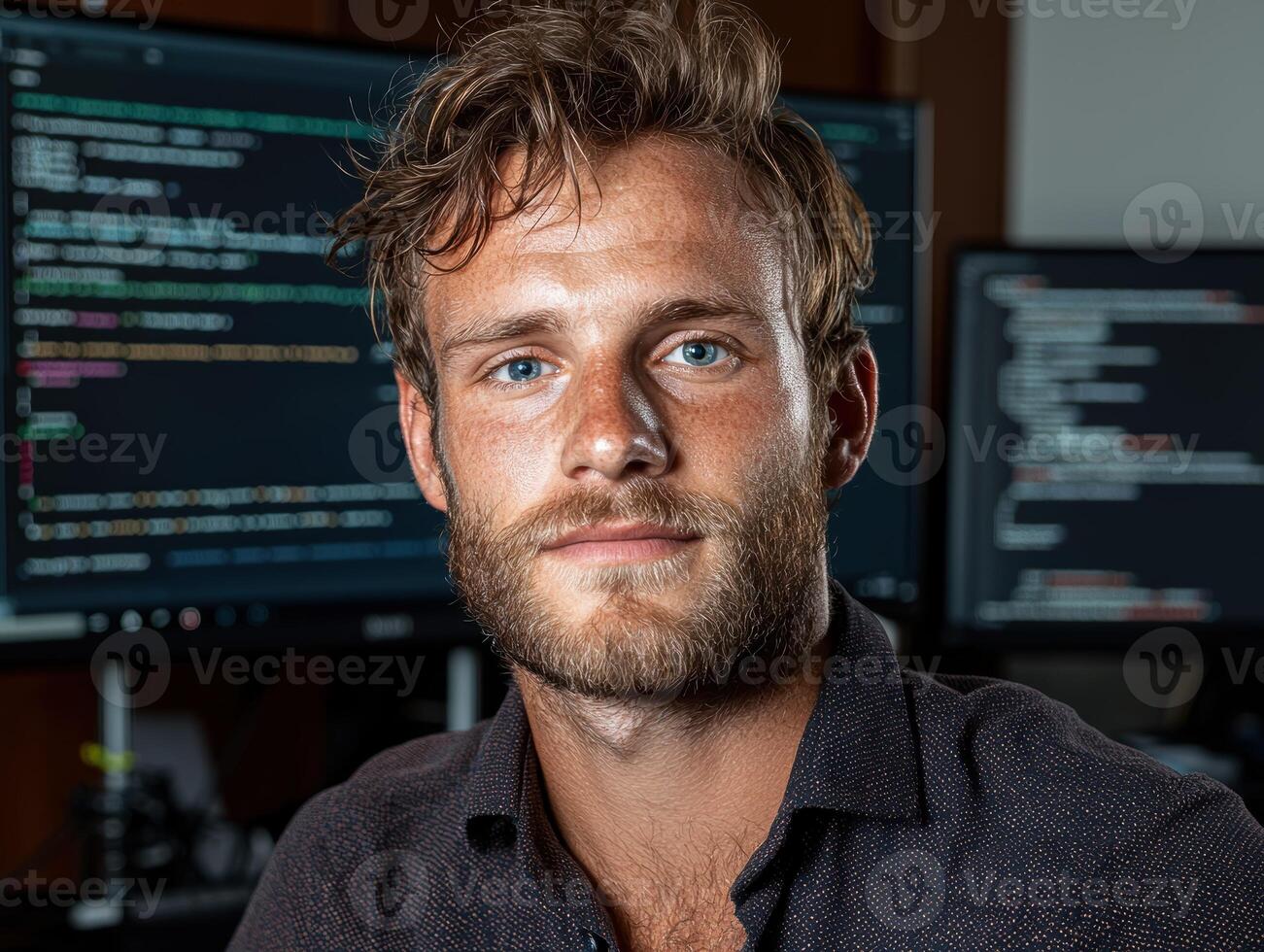 Portrait of a young programmer working late at night on his computer photo