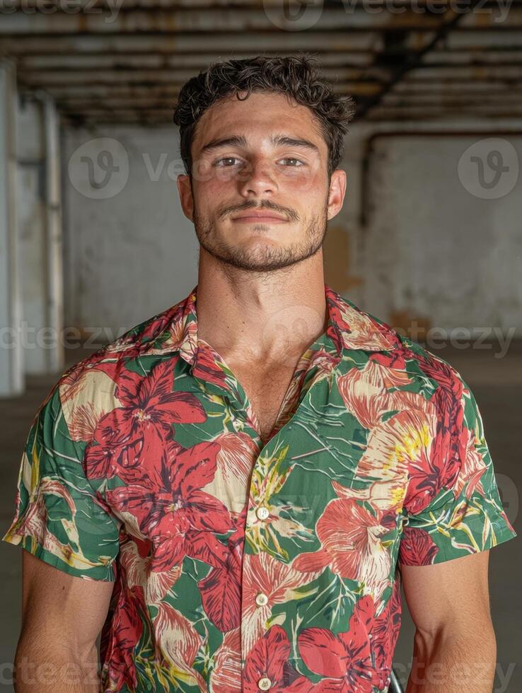 Handsome man in floral shirt posing in a grunge setting photo