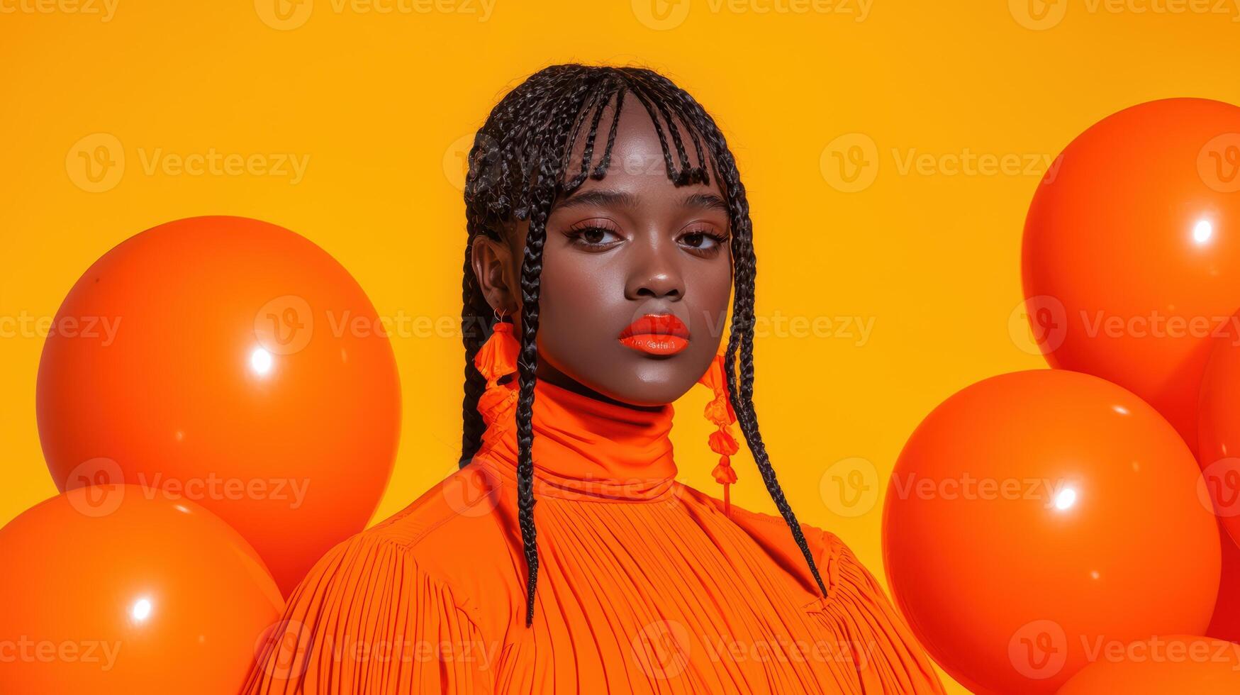 Portrait of a young woman with orange braids and matching outfit, surrounded by balloons photo