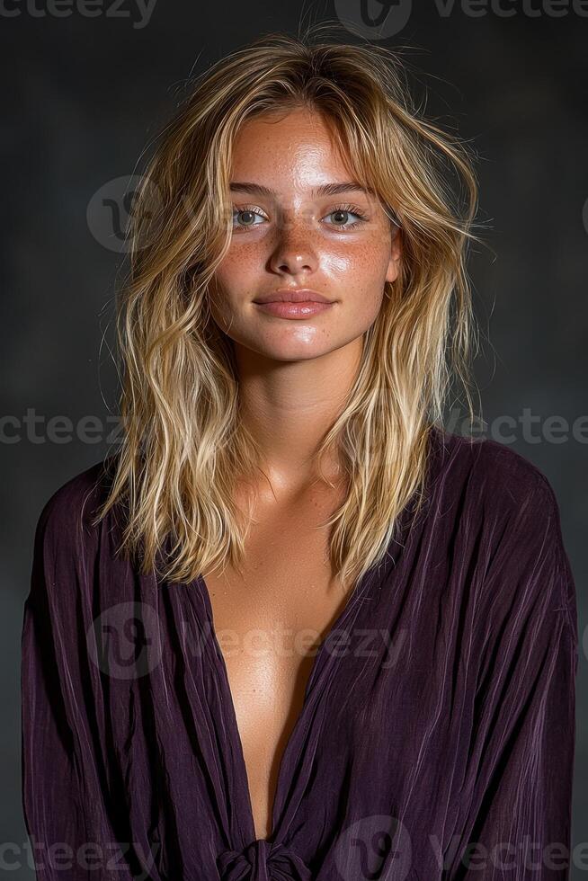 Beautiful young woman with freckles and blonde hair wearing a purple dress photo
