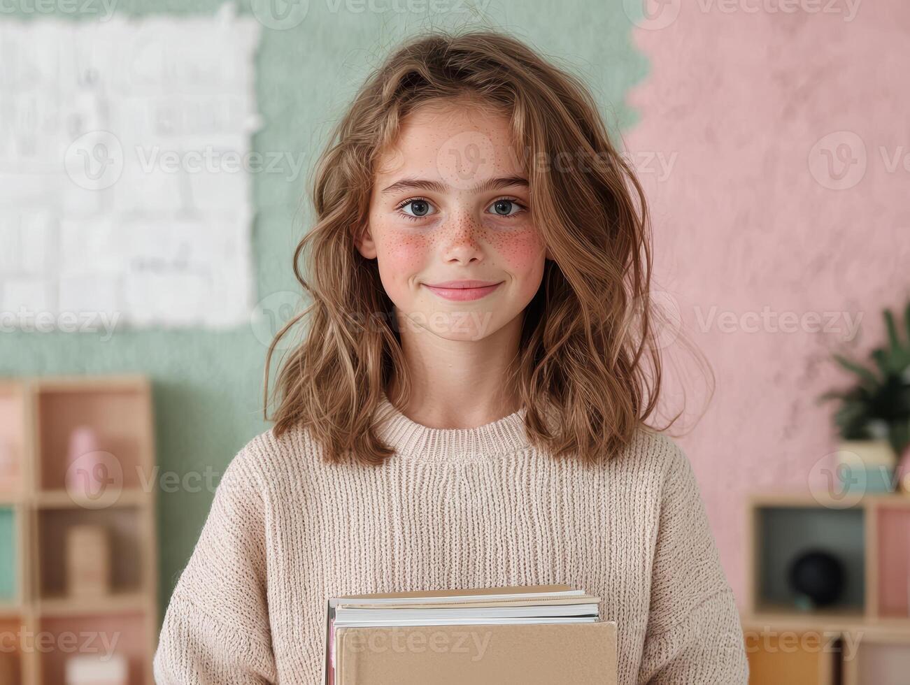Smiling girl student holding books in classroom photo