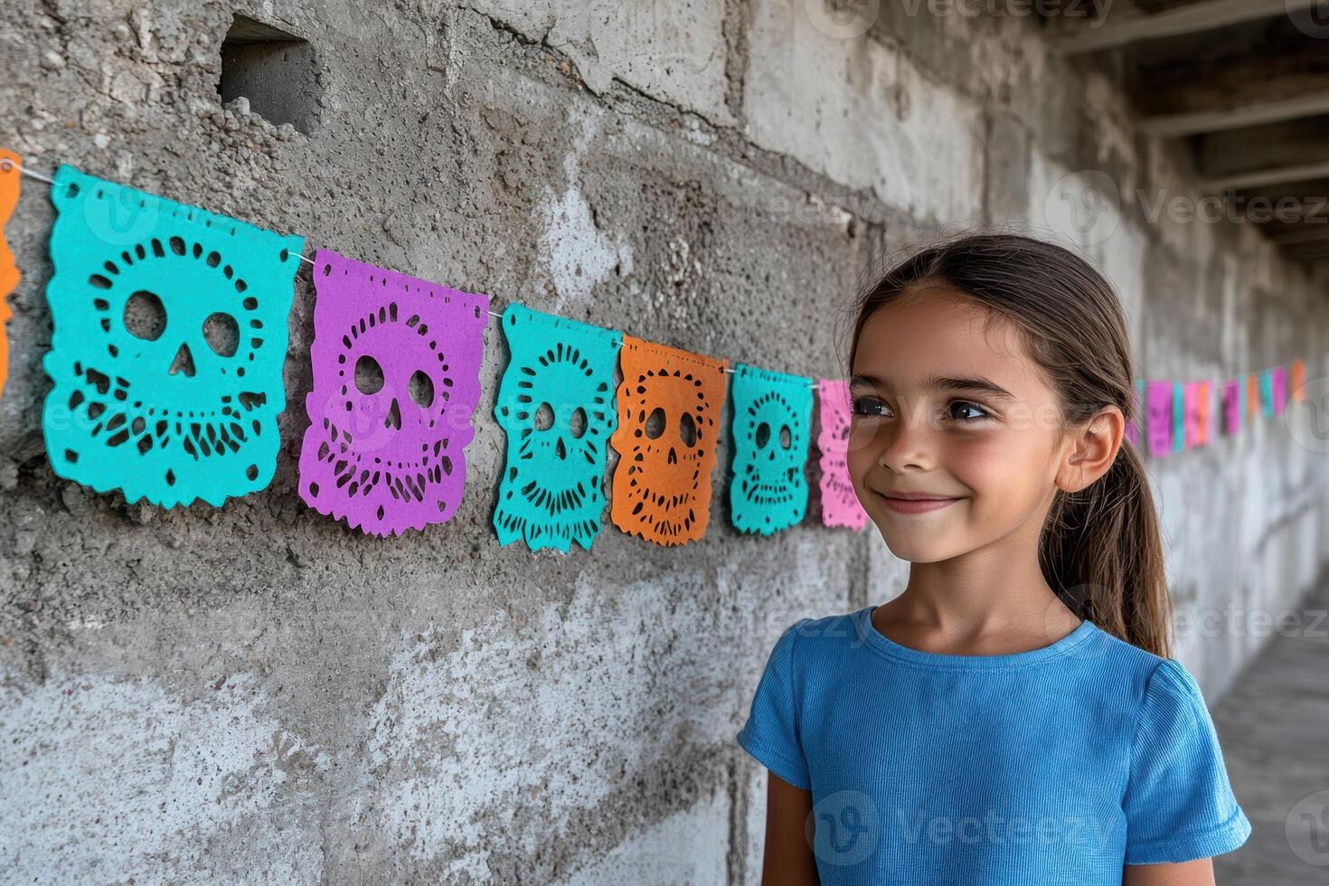 Smiling girl stands near colorful skull decorations for dia de los muertos photo