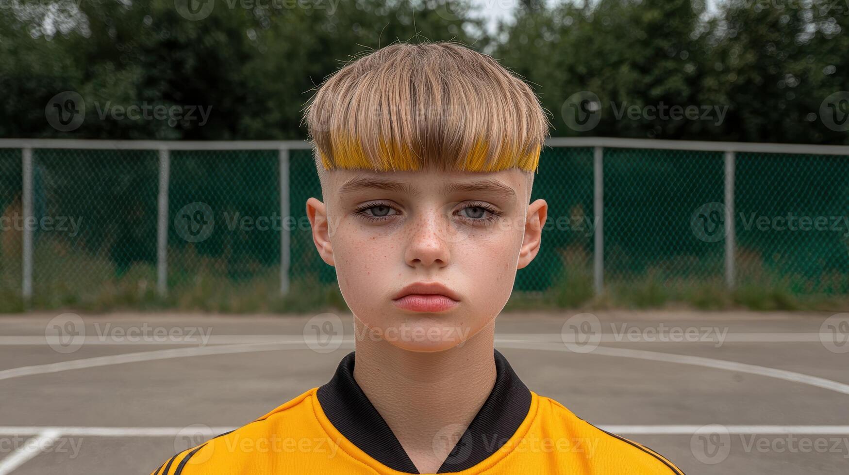 Stylish boy with blonde bowl cut and yellow highlights posing outdoors photo
