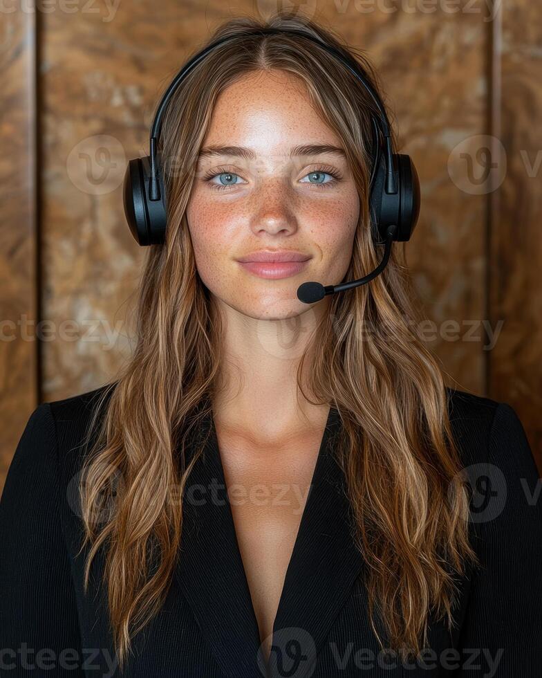 Young woman wearing a headset and blazer, providing customer service photo