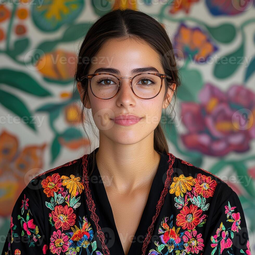 Portrait of a young woman wearing glasses and a floral embroidered blouse photo