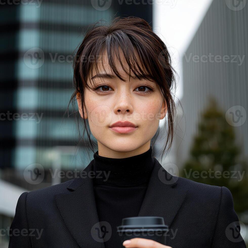 Confident young businesswoman holding a coffee cup in the city photo