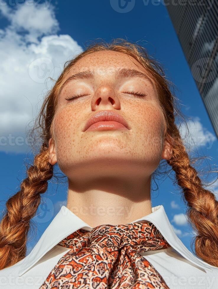 Freckled redhead woman with eyes closed enjoying the sun in the city photo