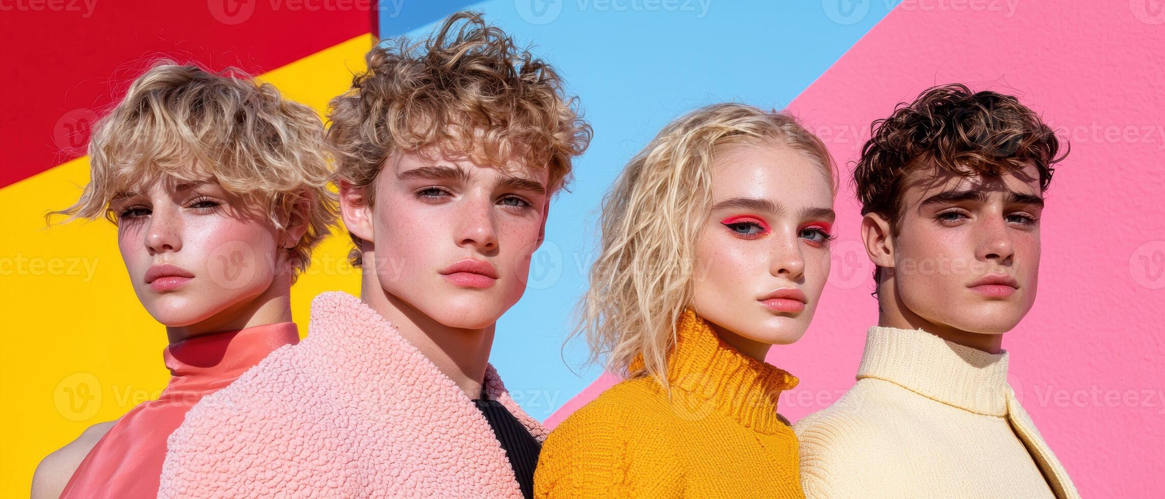 Trendy young adults posing against a colorful background photo