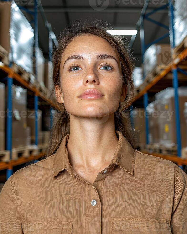 Young woman warehouse worker looking up thoughtfully in large distribution center photo