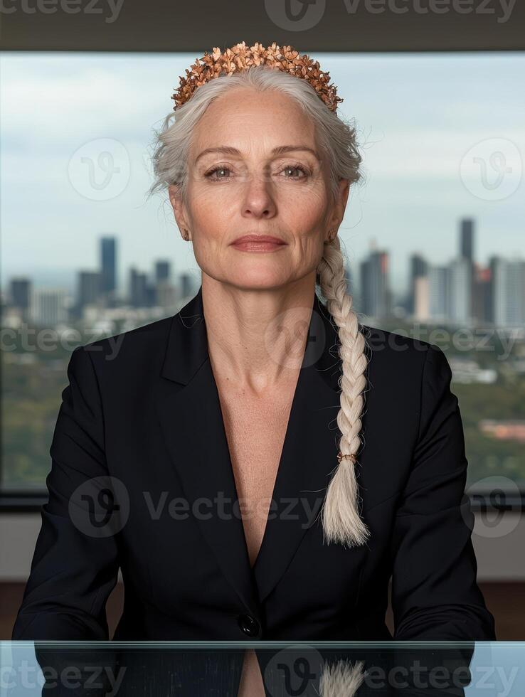 Elegant mature woman with gray hair and gold crown sitting at a desk in front of a city window photo