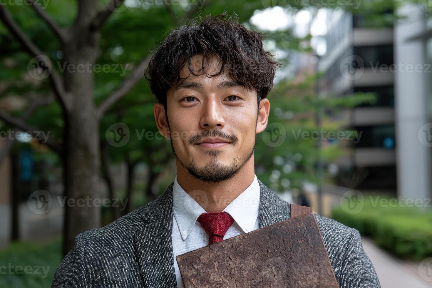 Confident young businessman smiling outdoors in the city photo