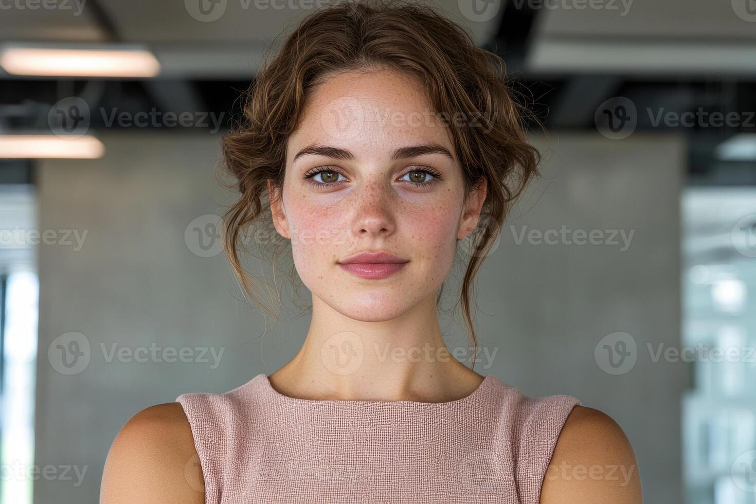 Portrait of a young woman with freckles in a modern office setting photo