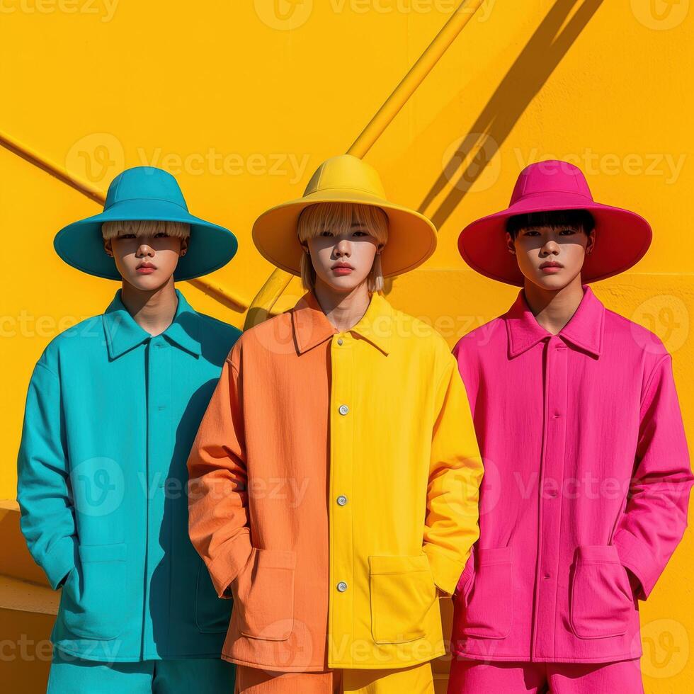 Three stylish models in colorful hats and jackets pose against a yellow background photo