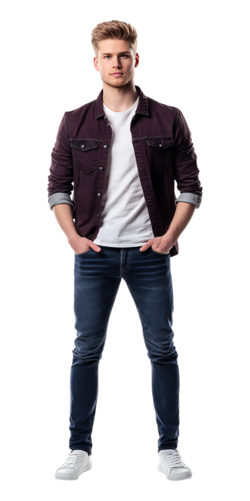 A man in jeans and a maroon jacket png