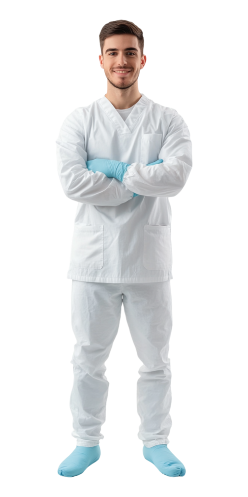 A man in a white uniform and blue gloves png