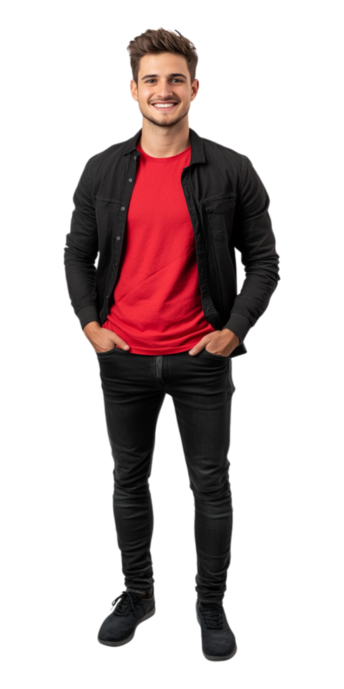 A man in a red shirt and black jeans png