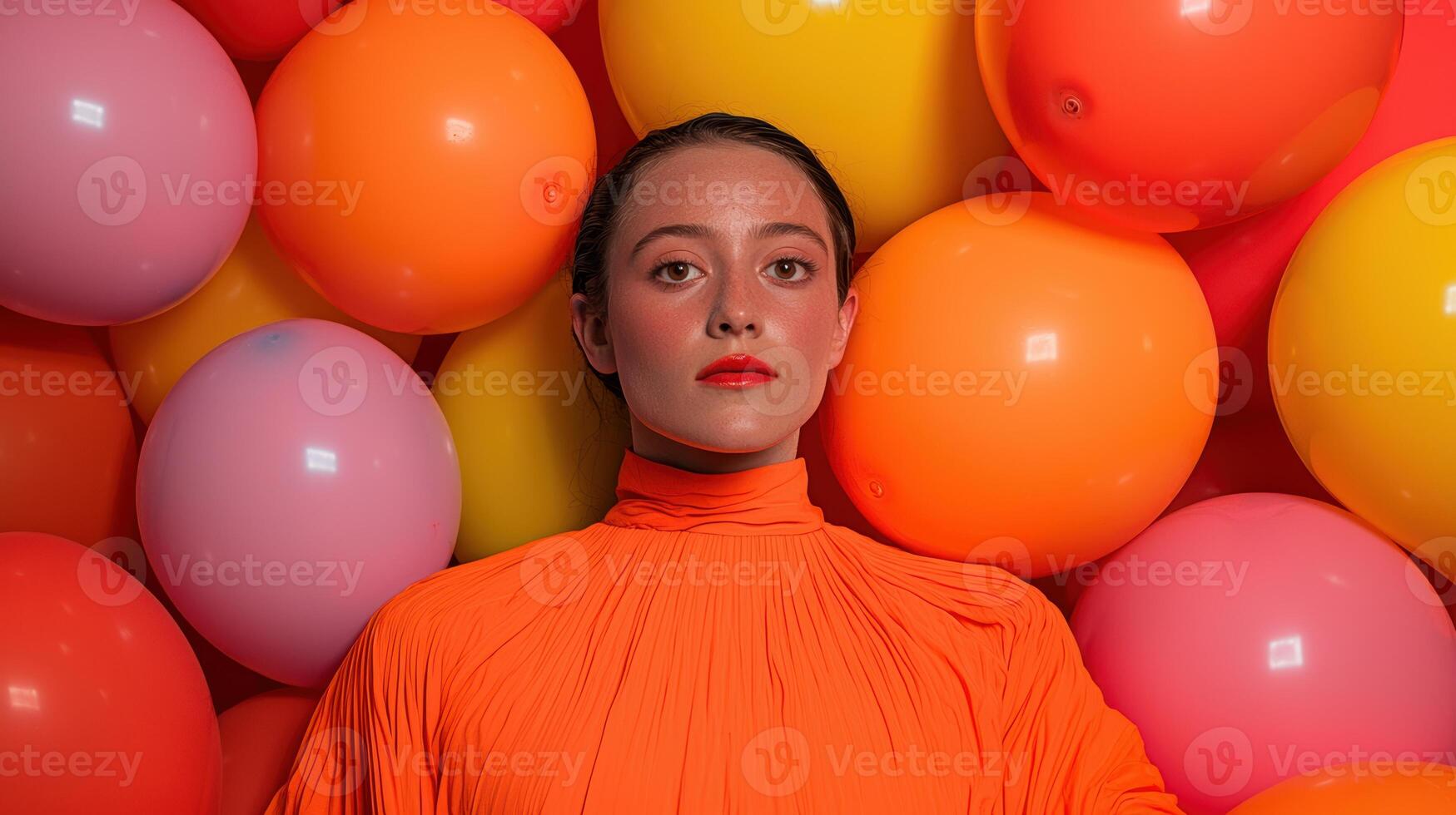 Woman in orange dress surrounded by colorful balloons photo