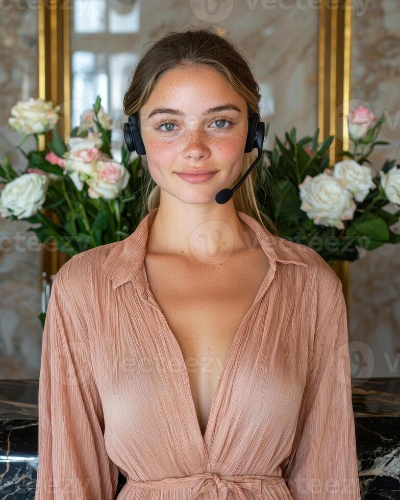 Friendly receptionist wearing headset in hotel lobby photo