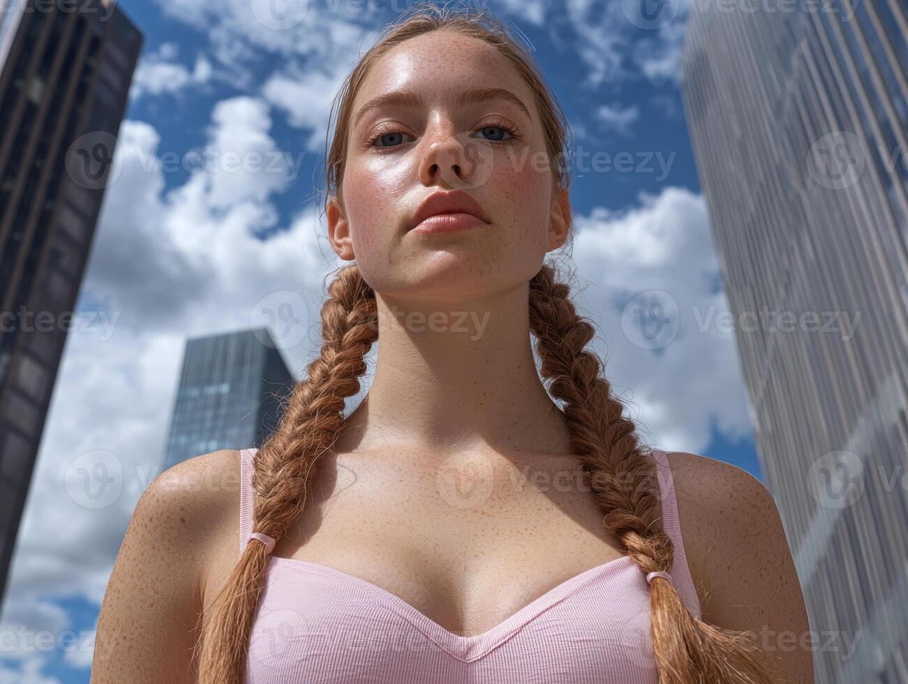 Young woman with freckles and braids poses confidently in the city photo