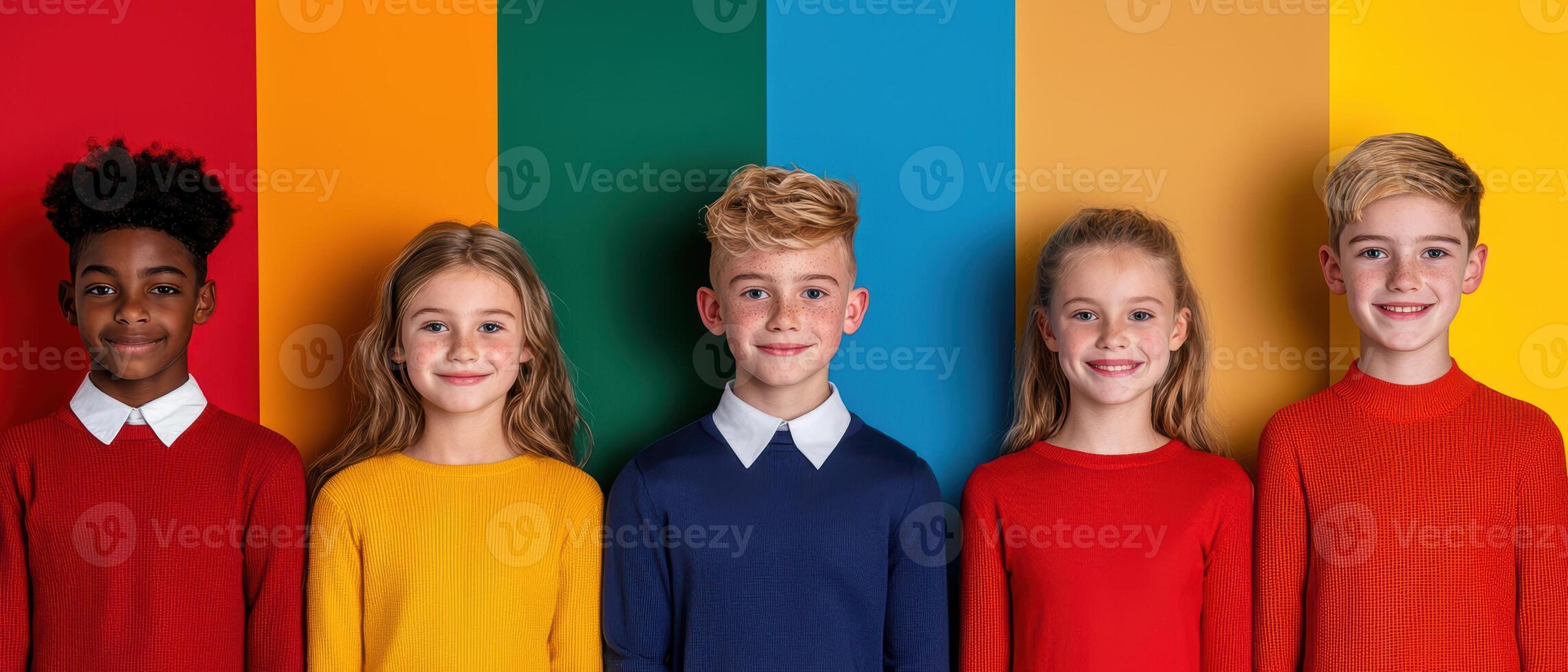Diverse group of children smiling in colorful sweaters against a vibrant background photo