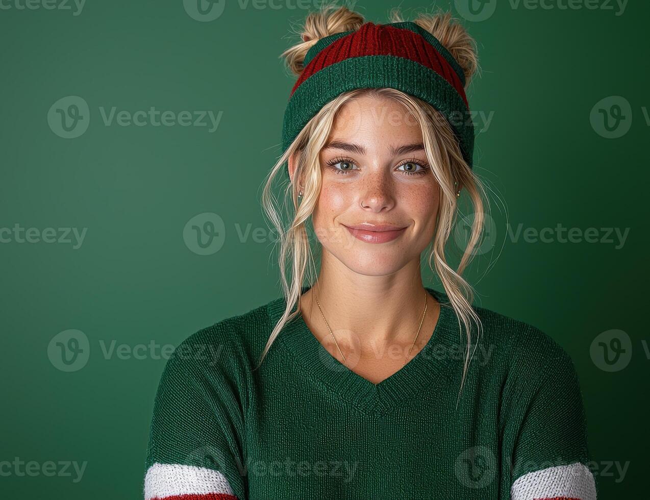Smiling woman wearing a festive green and red beanie and sweater photo