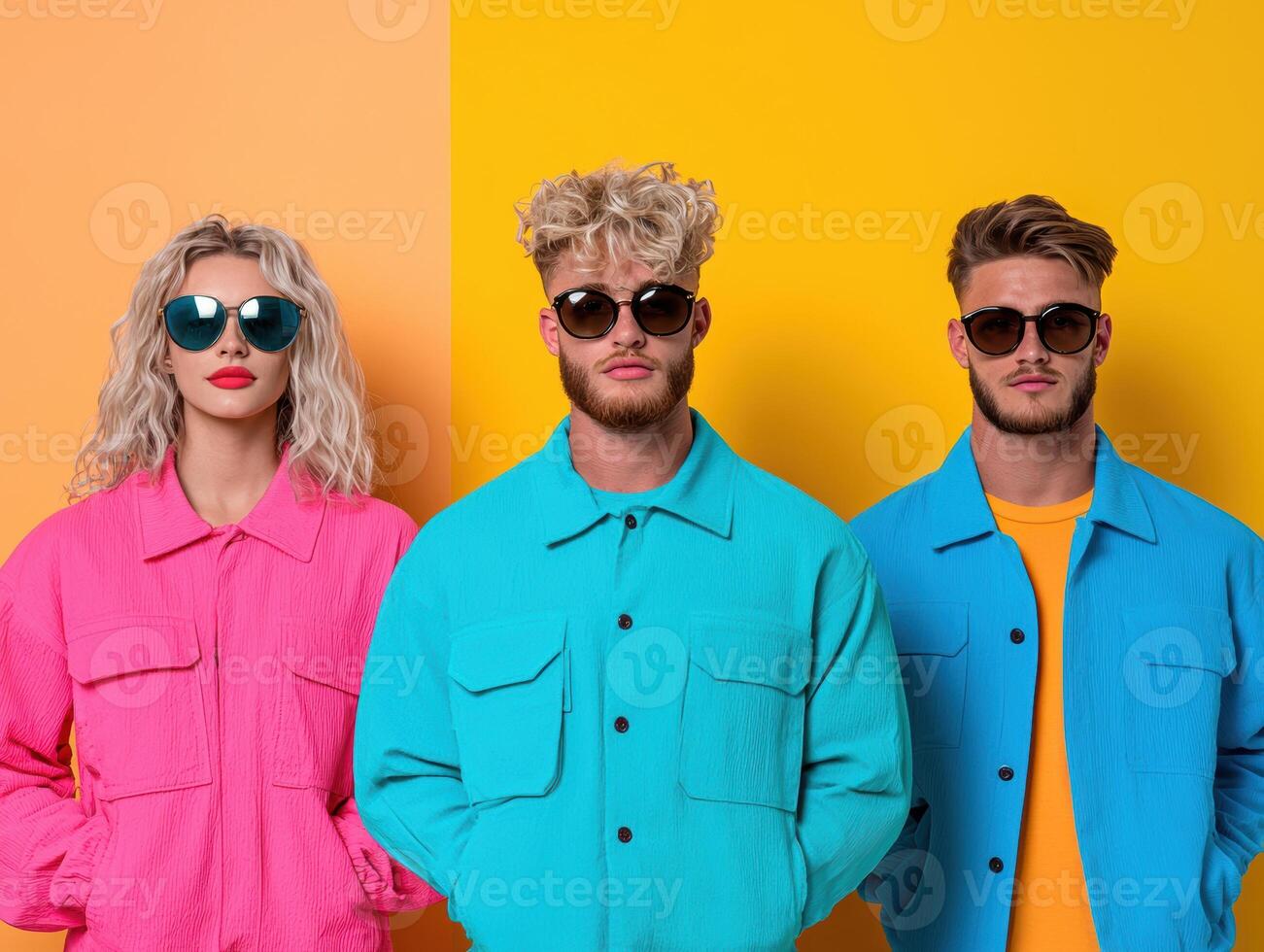 Stylish friends posing in colorful 90s fashion photo