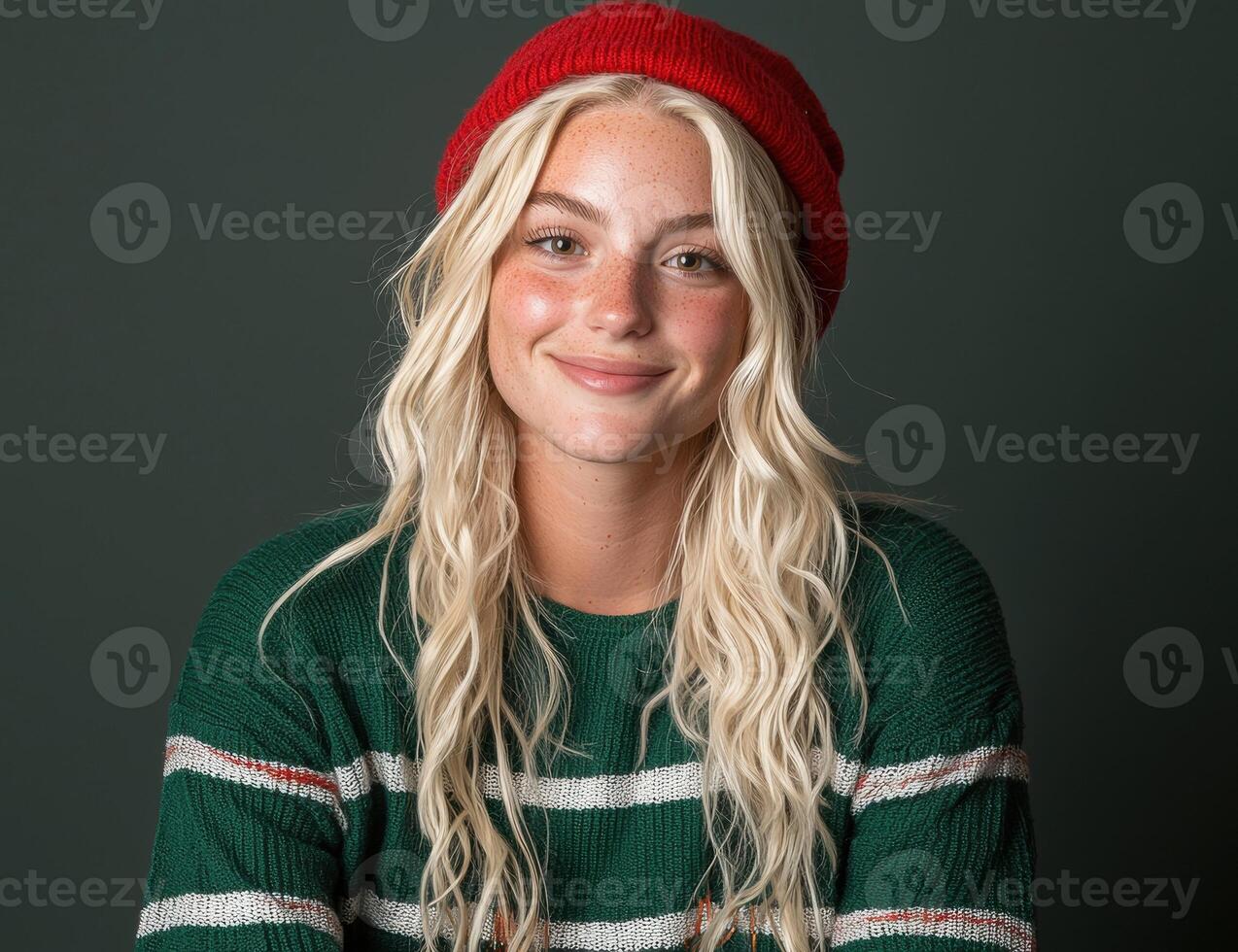 Smiling young woman with freckles wearing a red beanie and green sweater photo