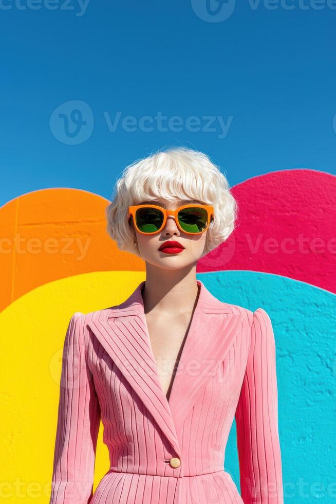 Stylish blonde woman in pink suit and sunglasses against a colorful background photo