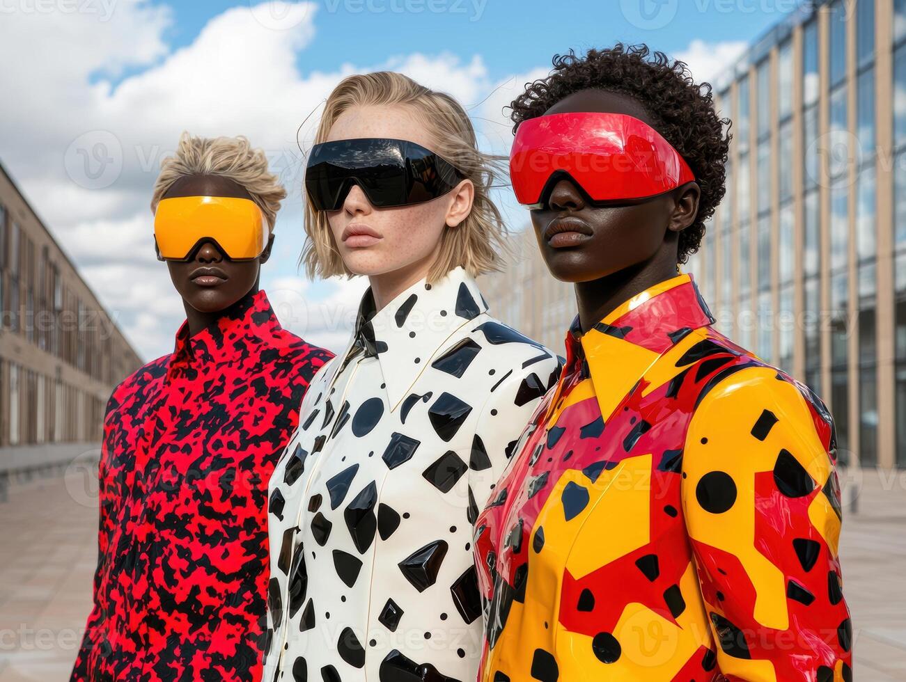 Three diverse models wear futuristic eyewear and bold patterned clothing photo