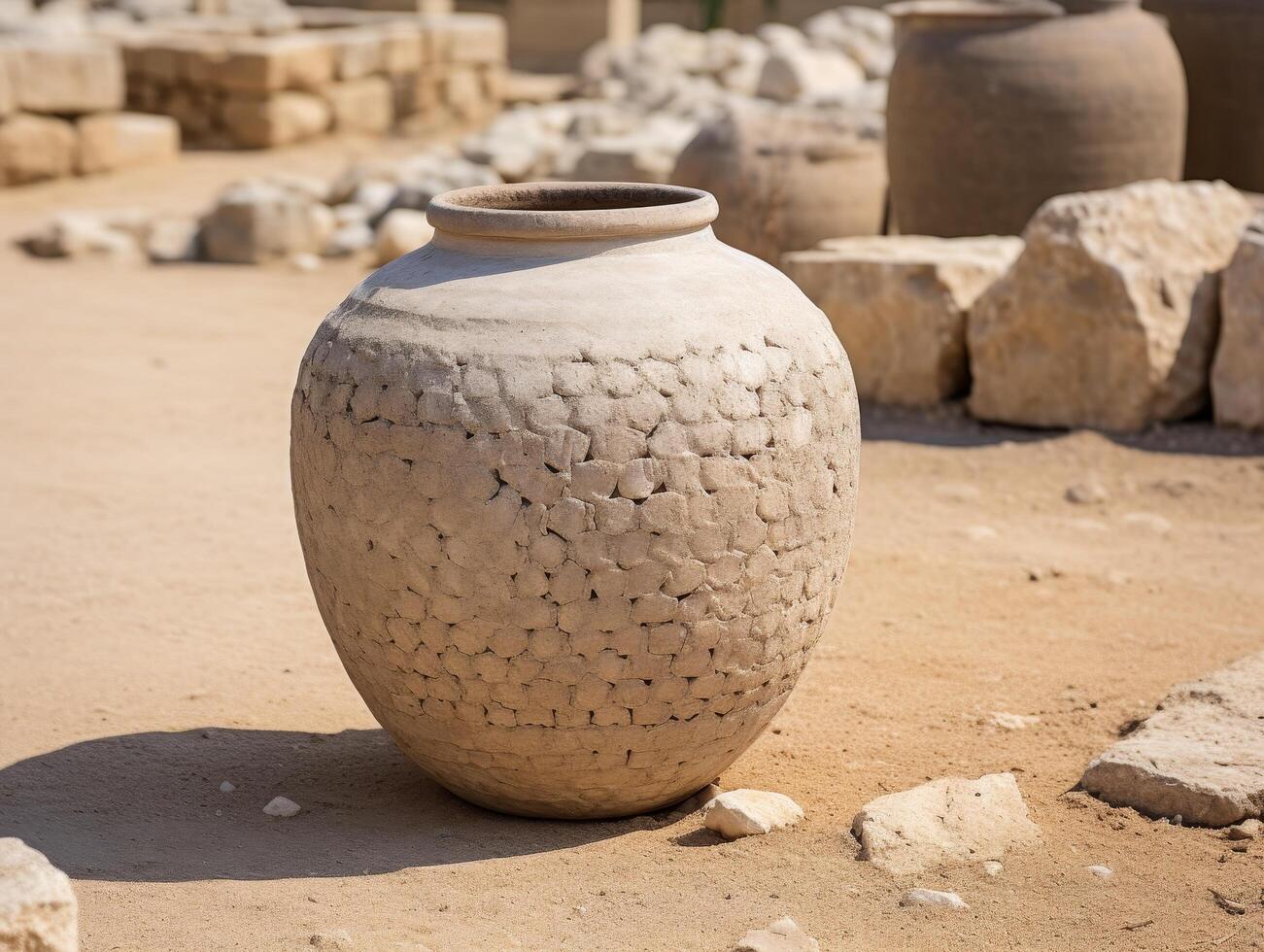 Antique ceramic vase on sandy ground photo