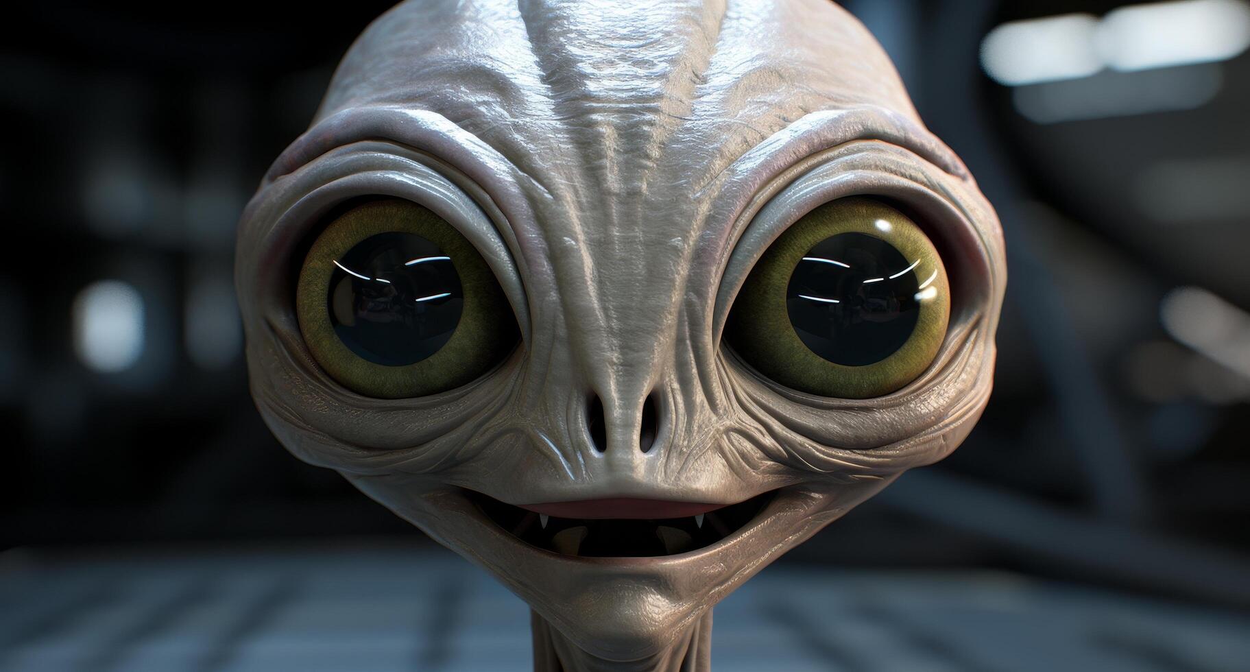 Closeup of an alien creature with large eyes and a toothy grin photo