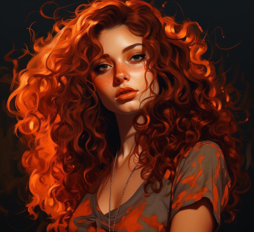 Fiery redhead with curly hair and dramatic makeup photo