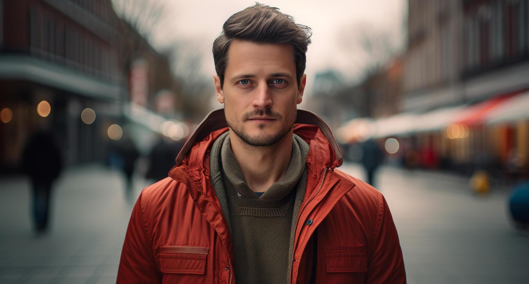 man in red jacket walking on city street photo