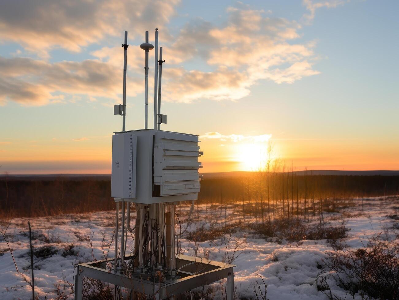 telecommunications tower in snowy landscape at sunset photo