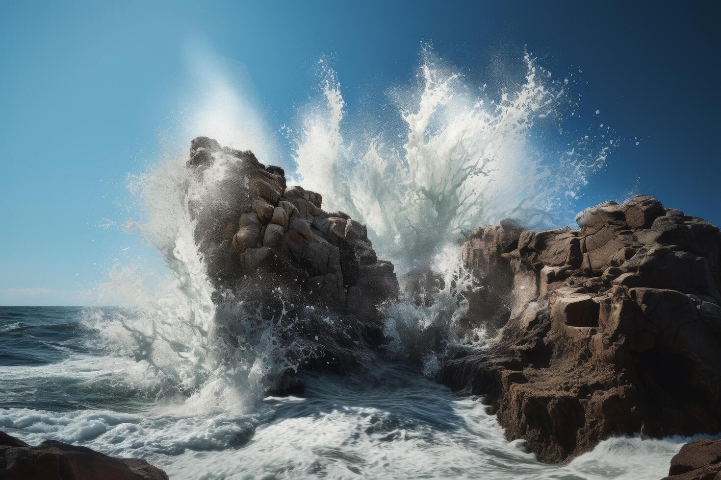 Powerful waves crashing against rocky coastline photo