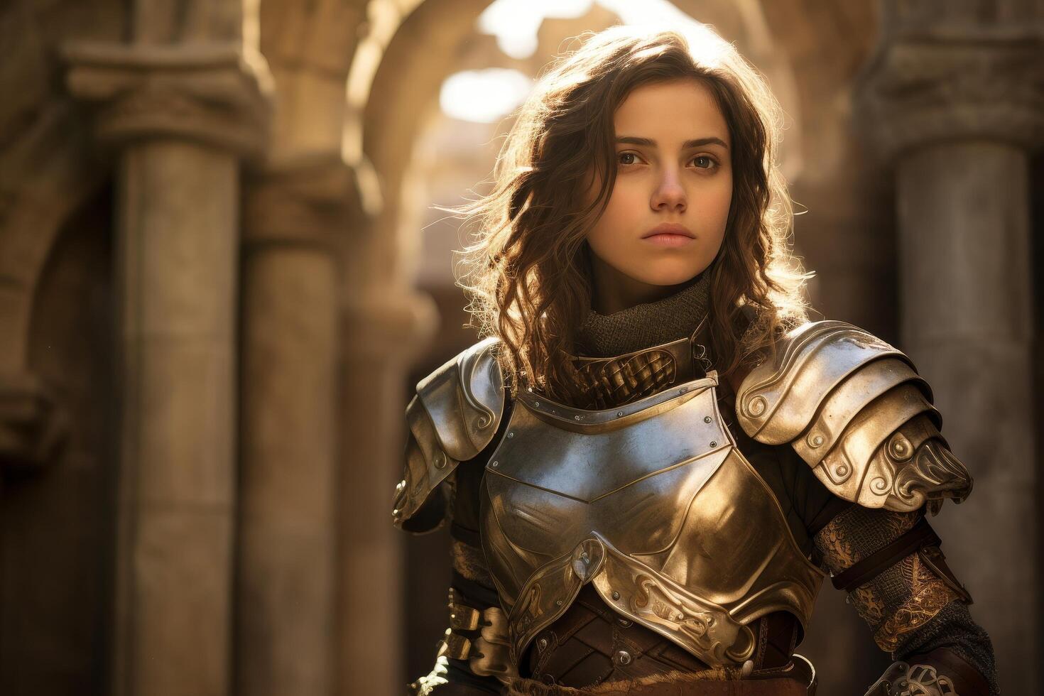 Powerful female warrior in medieval armor photo