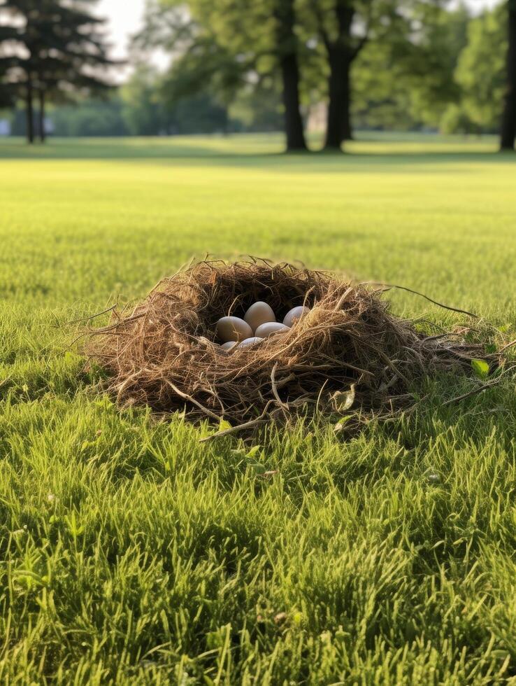 birds nest with eggs in grassy field photo