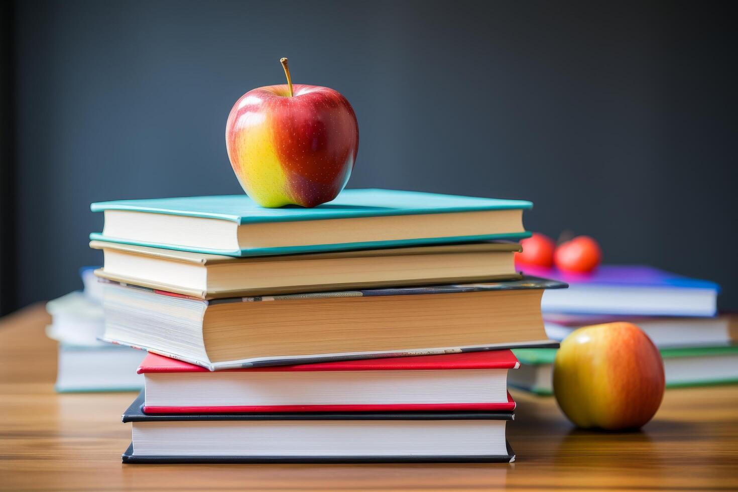 stack of books with apples on a desk photo
