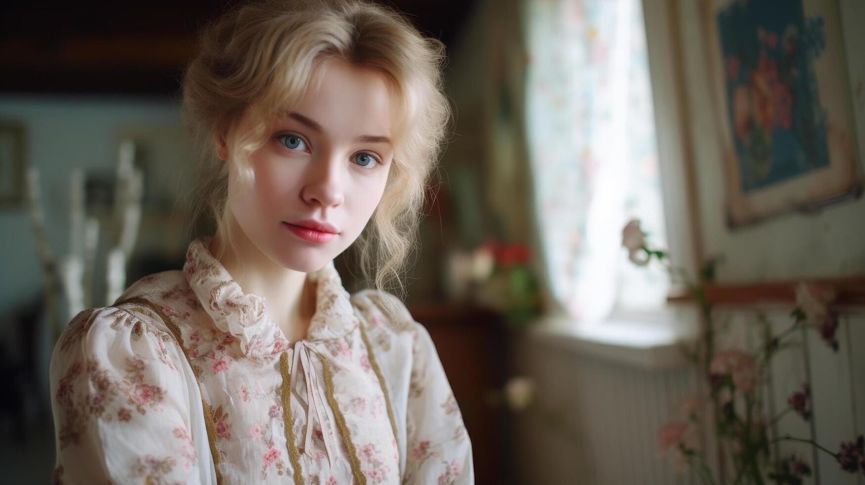 Pensive young woman in vintage floral dress photo