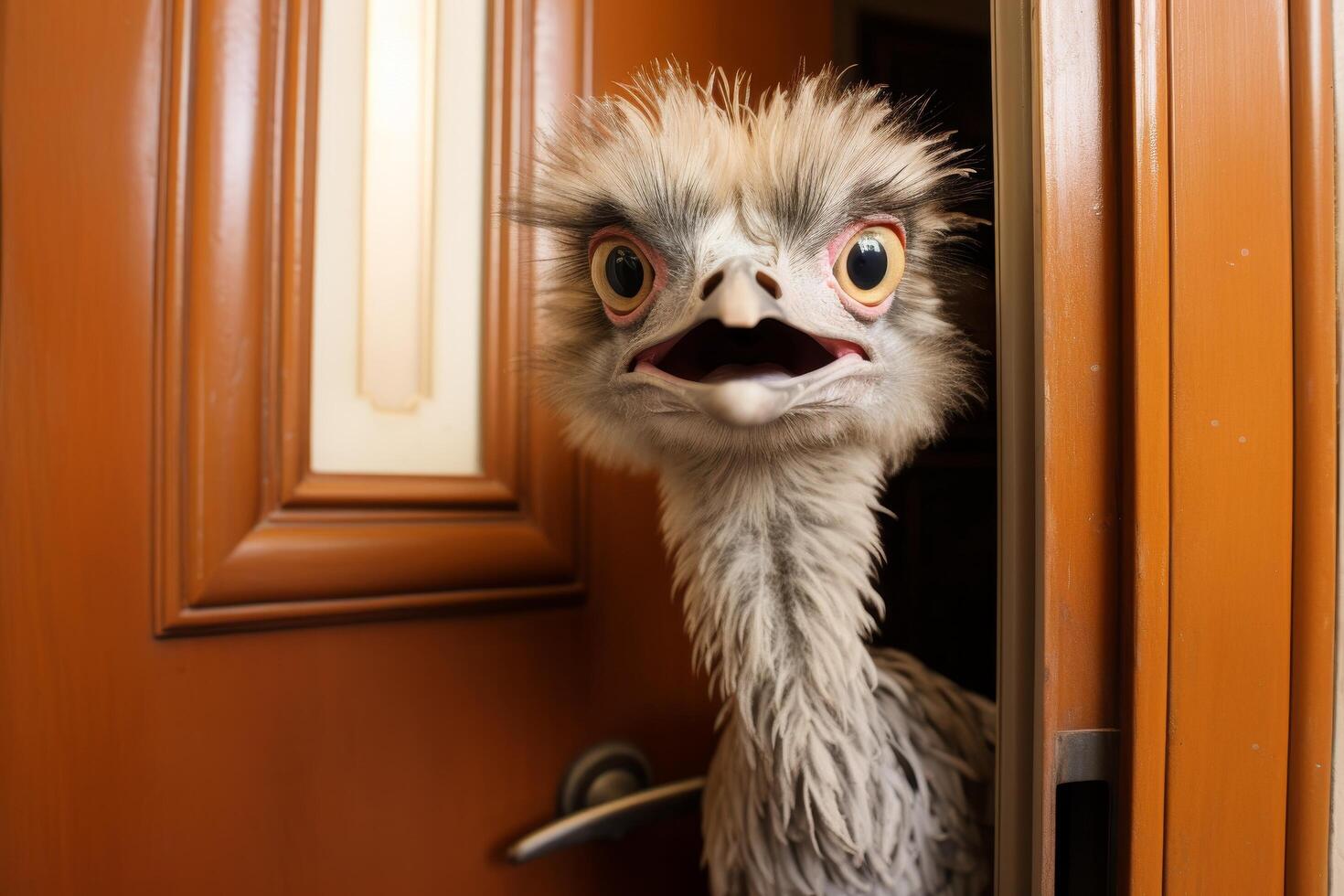 Curious feathered creature peeking through door photo