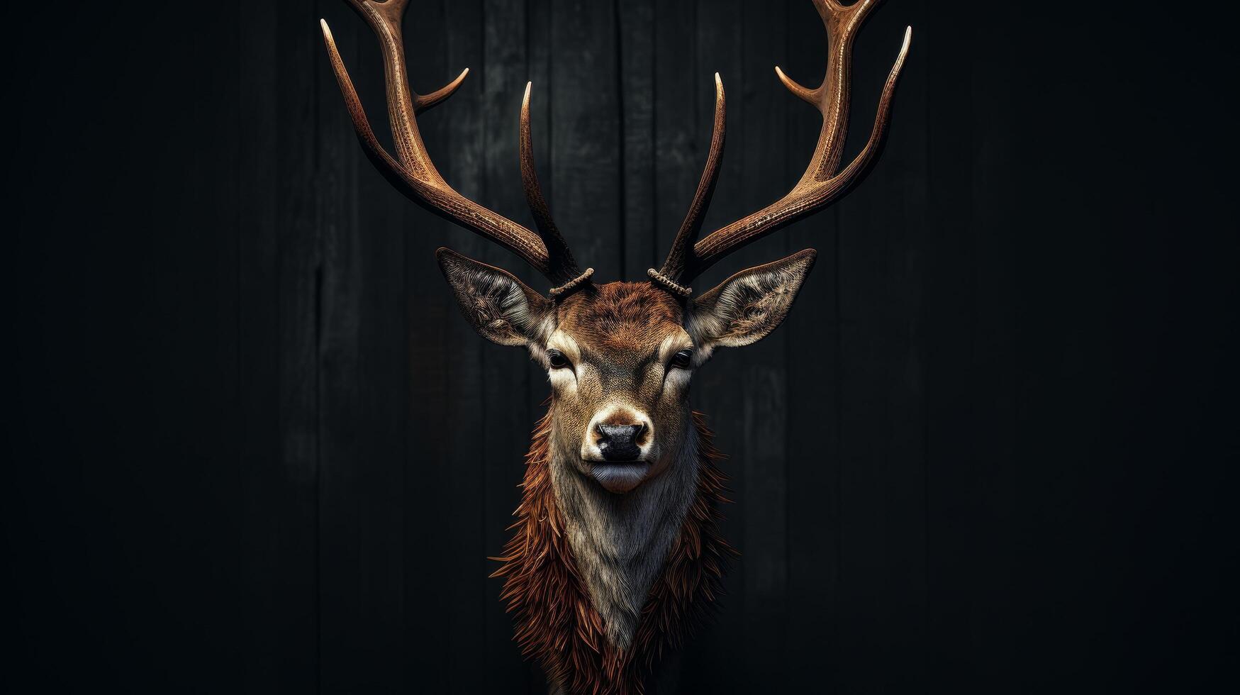 Majestic deer head with large antlers on dark background photo