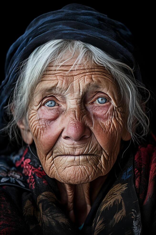 Weathered face of an elderly woman photo