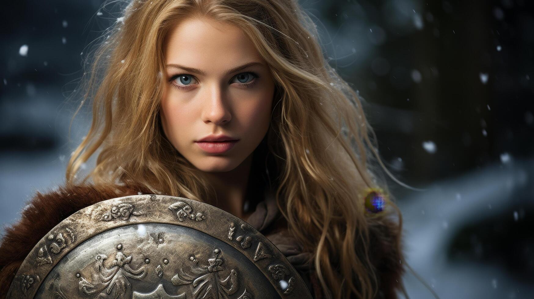 Fierce female warrior with shield in winter landscape photo