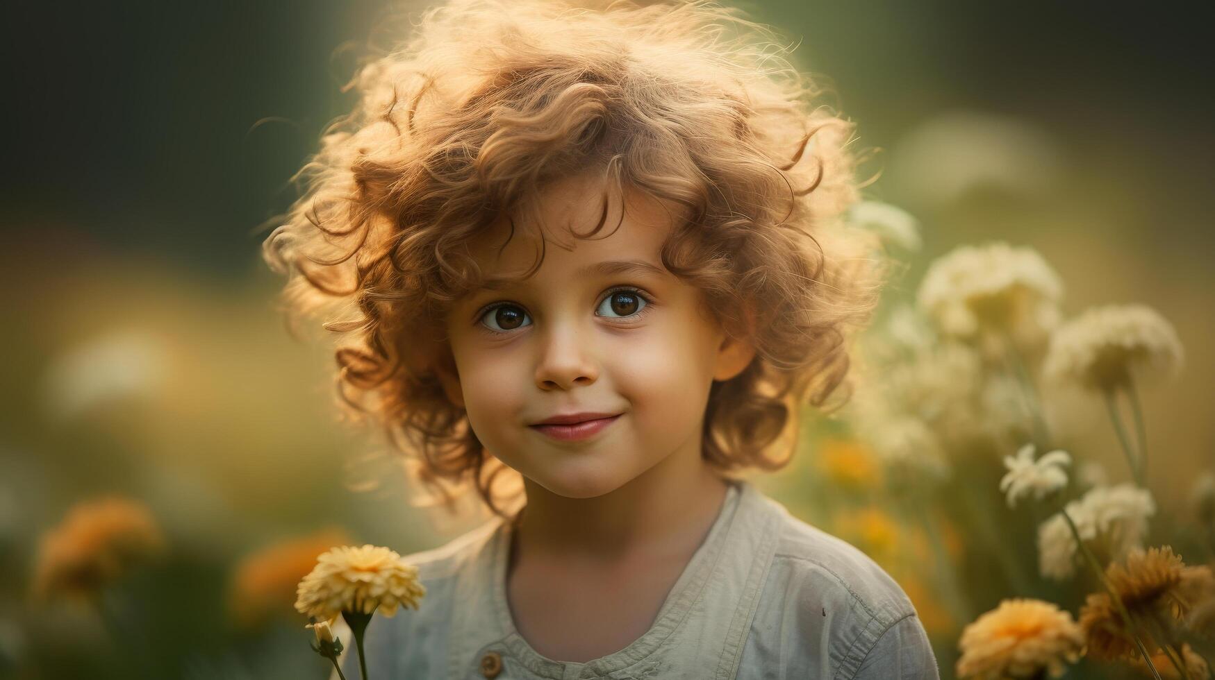 Adorable curly haired child in a field of flowers photo