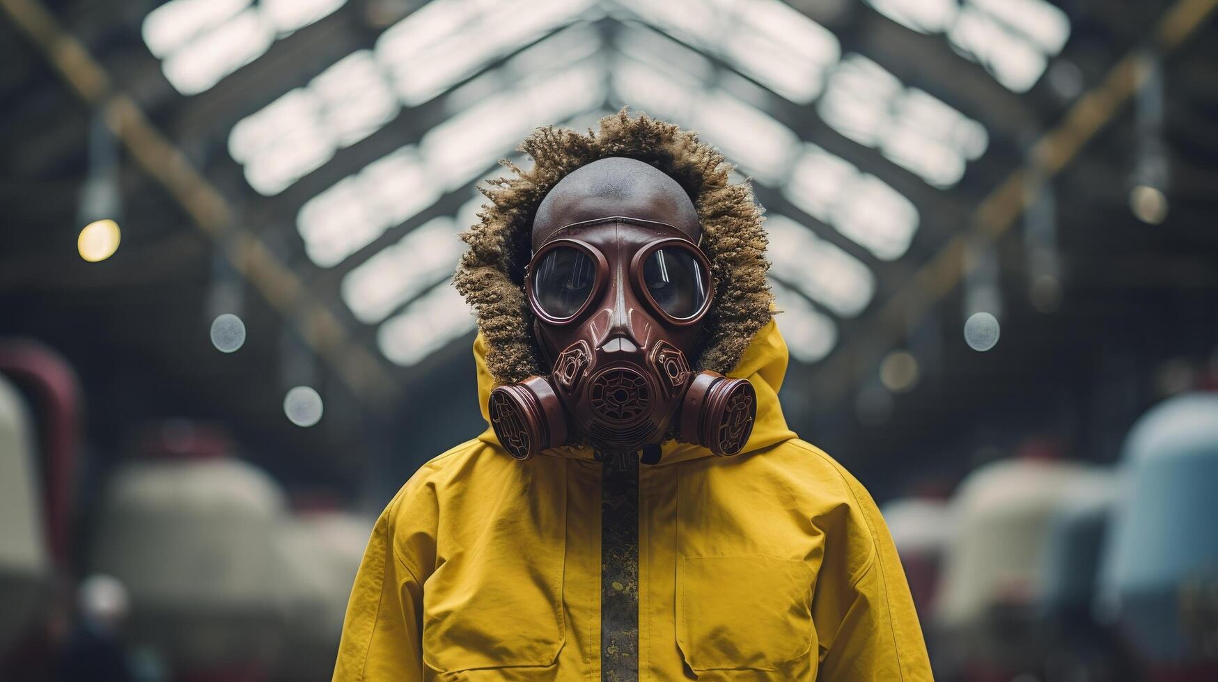 person wearing gas mask and yellow jacket photo