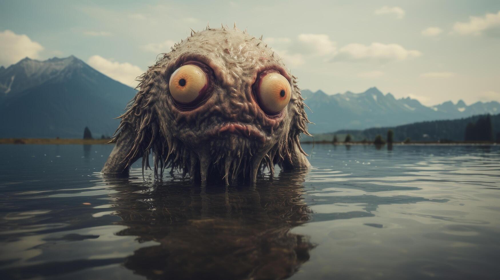 Mysterious creature emerging from a serene lake photo