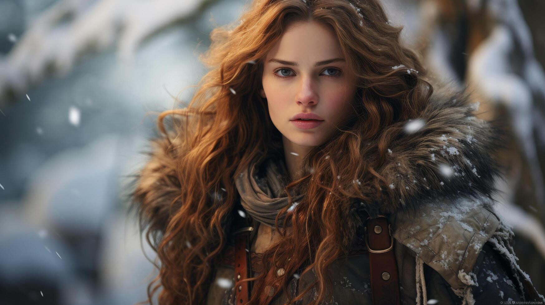 Captivating redhead in winter wonderland photo
