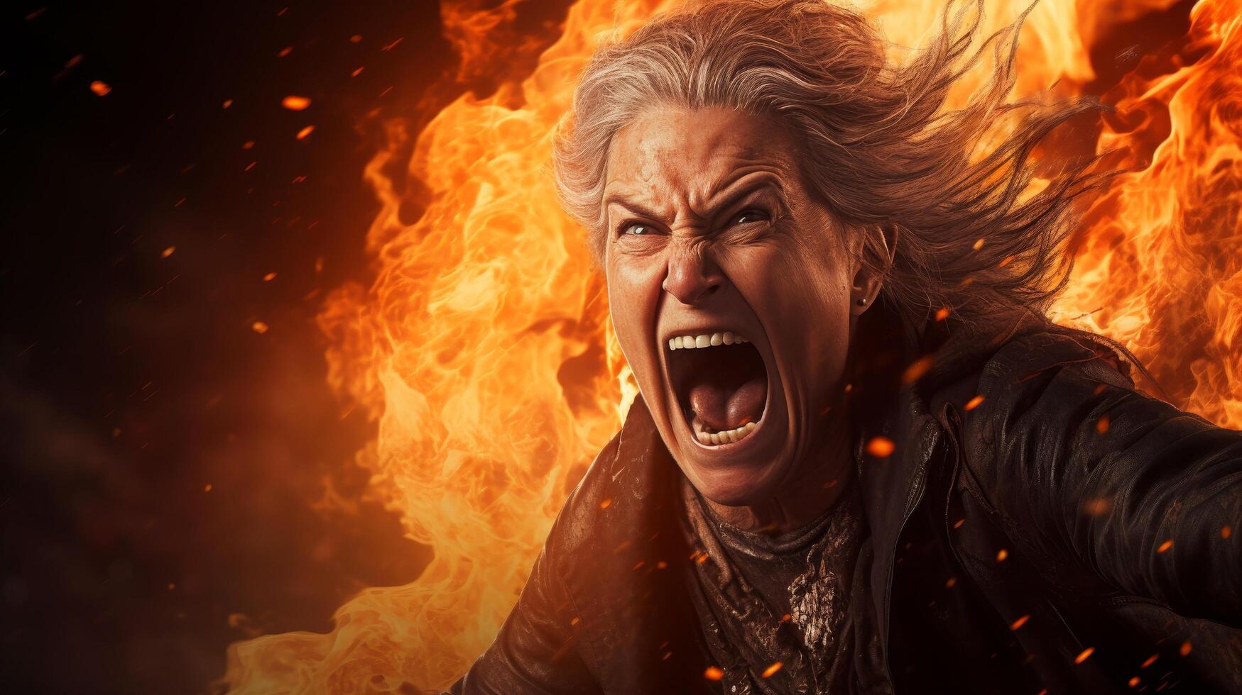 Intense expression of a person with fiery background photo